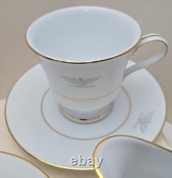 Set (2) Gray Eagle Emblem Gold Trim Cup & Saucer withCreamer Military Colonel Army