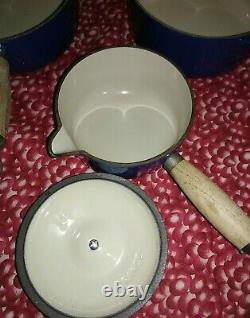Set 3 LE CREUSET Blue Enamel Cast-Iron Saucepans Pots/Lid #14 and two #18