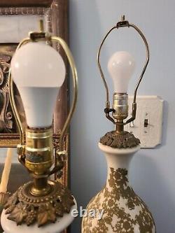 Set Of Two Antique Art Nouveau Hollywood Regency Lamps Gold White