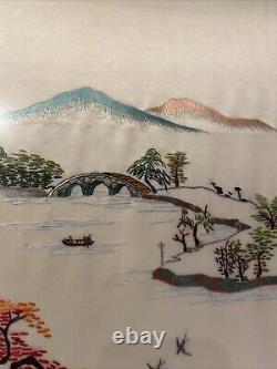 Set Of Two Japanese Silk Embroidered Art With Gold Wooden Frame, New York