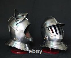 Set Of Two Medieval Full Face Movable Visor Helmet Old Steel sheet helmet