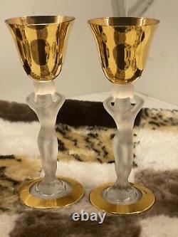 Set Of Two Vintage Bayel Bacchu Crystal Frosted Lady Stem Cordial Wine Glasses