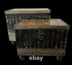 Set Of Two Vintage Hand Painted Wood Nesting Box Trunk Storage Chinese Oriental