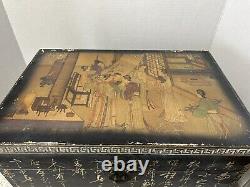 Set Of Two Vintage Hand Painted Wood Nesting Box Trunk Storage Chinese Oriental