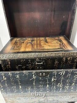 Set Of Two Vintage Hand Painted Wood Nesting Box Trunk Storage Chinese Oriental