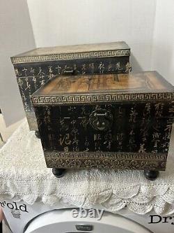 Set Of Two Vintage Hand Painted Wood Nesting Box Trunk Storage Chinese Oriental