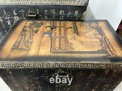 Set Of Two Vintage Hand Painted Wood Nesting Box Trunk Storage Chinese Oriental