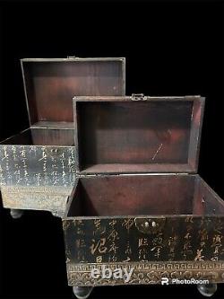 Set Of Two Vintage Hand Painted Wood Nesting Box Trunk Storage Chinese Oriental