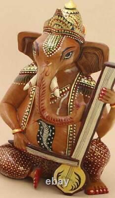 Set Of Two Wooden Hand Carved Hand Painted Musical Ganesha Statues 8 Tall Each