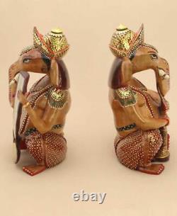 Set Of Two Wooden Hand Carved Hand Painted Musical Ganesha Statues 8 Tall Each