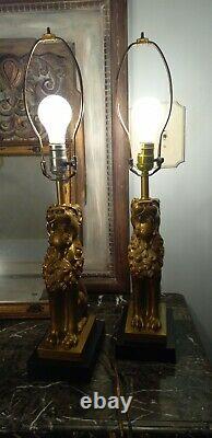 Set Of two Mid Century Modern Brass Lions Lamps FIERCE! Vintage Brass Lamps