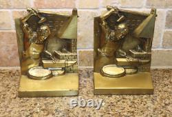 Set Two Brass Blacksmith Ferrier Forged Iron Anvil Man Statue Sculpture Bookends