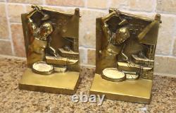 Set Two Brass Blacksmith Ferrier Forged Iron Anvil Man Statue Sculpture Bookends