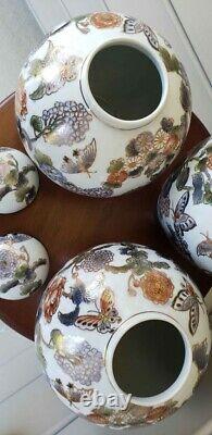 Set of 3 Vase and Two Ginger Jars Handpainted Chinese with flowers, butterflies