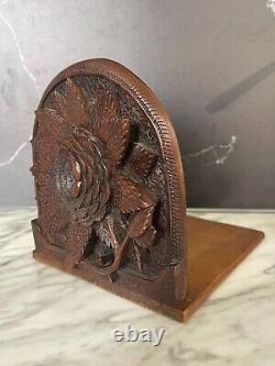 Set of TWO (2) Antique Carved Oak Floral Heavily Relief Wooden Folding Bookends