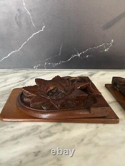 Set of TWO (2) Antique Carved Oak Floral Heavily Relief Wooden Folding Bookends
