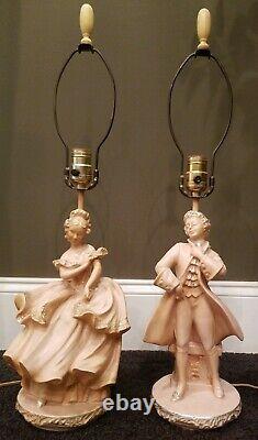 Set of TWO Vintage 50's FAIP F. A. I. P. Table Lamps Pink Chalkware Lady & Man