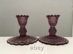 Set of Two Fenton Hobnail Plum Purple Opalescent Glass Candle Stick Holders VTG