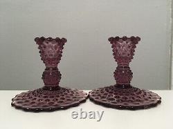 Set of Two Fenton Hobnail Plum Purple Opalescent Glass Candle Stick Holders VTG