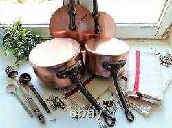 Set of Two, French, Copper Saucepans with Flat Copper Lids, Copper Splash Lids