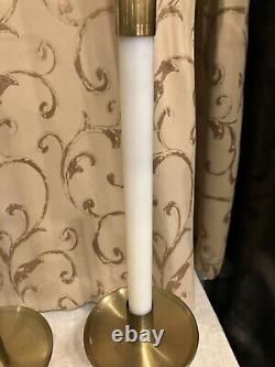 Set of Two Heavy MCM Brass and Wood Sanctuary Paschal Oil Lamp Candlesticks