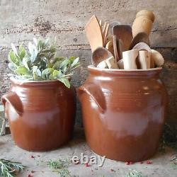 Set of Two Large, French Country, Confit Pots. Rustic Stoneware Confit Jars