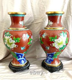 Set of Two Large Matching Cloisonne Vases 15 tall With Stands