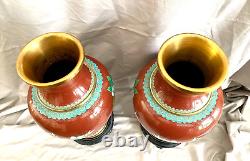 Set of Two Large Matching Cloisonne Vases 15 tall With Stands