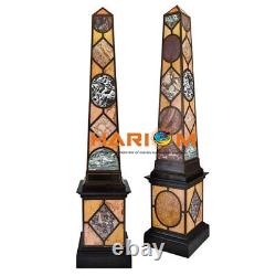 Set of Two Pair of Marble Black Designer Miniature Obelisks Multi Stone Mosaic