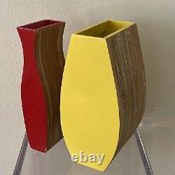 Set of Two Wood Laquer Vase Curve Bright Yellow Red Vintage Mid Century 12