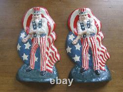 Set of two HEAVY CAST IRON UNCLE SAM BOOKEND DOORSTOP vintage America flag USA