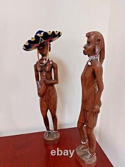 Set of two old vintage hand carved genuine wooden figurine man and woman