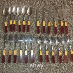 Stainless Flatware Art Deco Two Color Red Bakelite 24 pc set No Crack