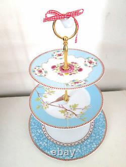 Tiered Cookie Tray, Birds and Flowers, Ceramic Cup Cake Display, Set of Two