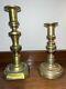 Two Antique Early Push-up Brass Candlesticks- Not A Set, 1-square Base, 1-round