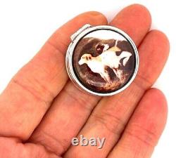 Two Dogs Pill Box 925 Sterling Silver English Hallmarks Set With Hand Painted