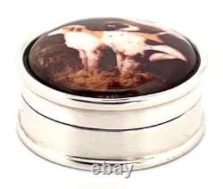 Two Dogs Pill Box 925 Sterling Silver English Hallmarks Set With Hand Painted