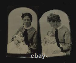 Two Tintype Photo Set Woman Holding a Sleeping or Post Mortem Baby