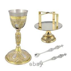 Two Tone Brass Chalice Set 5 Pieces Paten Lance Star Quality Church Supplies