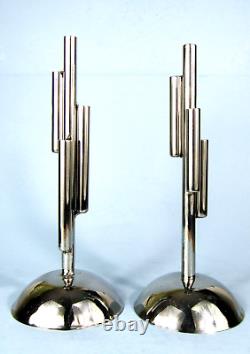 Two Vintage Art Deco Chrome Skyscraper Bud Vase Pair On Domed Base Chase Style