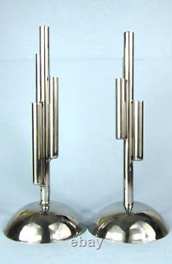 Two Vintage Art Deco Chrome Skyscraper Bud Vase Pair On Domed Base Chase Style