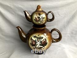 VINTAGE Ceramic set two teapots and saucer brown painting flowers soviet belarus