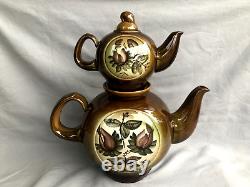 VINTAGE Ceramic set two teapots and saucer brown painting flowers soviet belarus