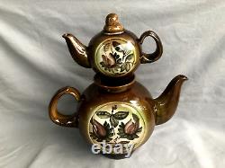 VINTAGE Ceramic set two teapots and saucer brown painting flowers soviet belarus