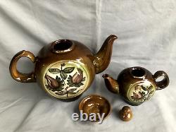 VINTAGE Ceramic set two teapots and saucer brown painting flowers soviet belarus