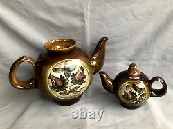 VINTAGE Ceramic set two teapots and saucer brown painting flowers soviet belarus