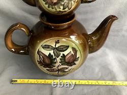 VINTAGE Ceramic set two teapots and saucer brown painting flowers soviet belarus