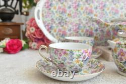 Vintage 8 Pc Porcelain Tea Pots Set Meander Floral For Two Cup And Plate Chintzy