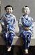Vintage Asian Porcelain Chinoiserie Set Of Two Sitting Children With Bird And Cat
