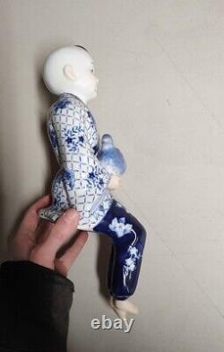 Vintage Asian Porcelain Chinoiserie Set Of Two Sitting Children with Bird And Cat